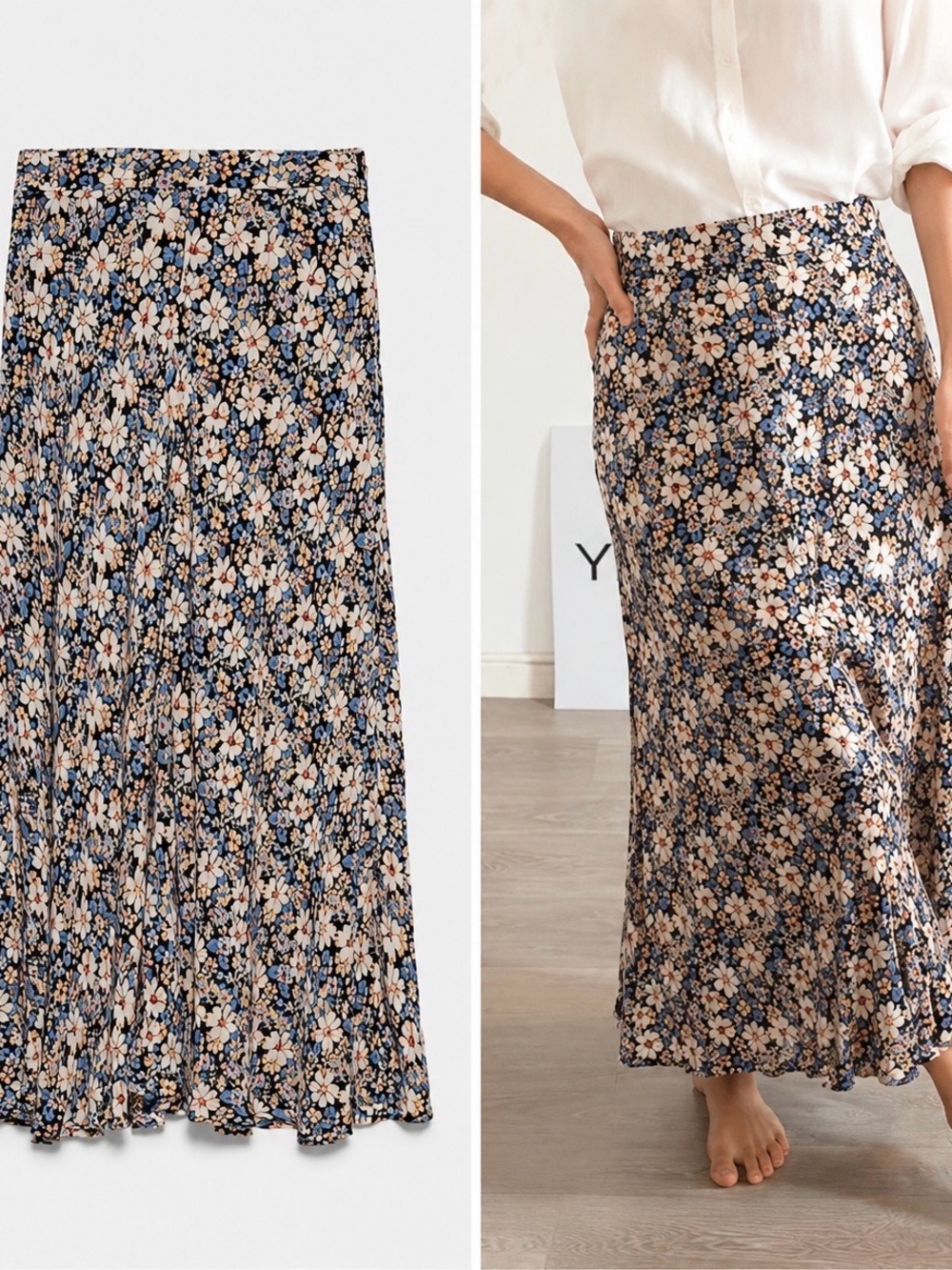 Zara Floral Midi Skirt Blue Cream Boho Spring Summer SZ XS